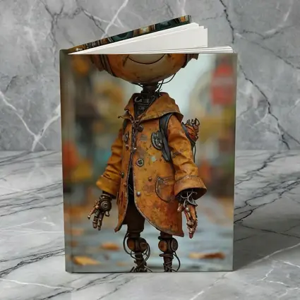 Rusty Robot Child Walking Autumn City Street