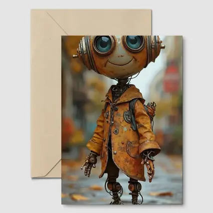 Rusty Robot Child Walking Autumn City Street
