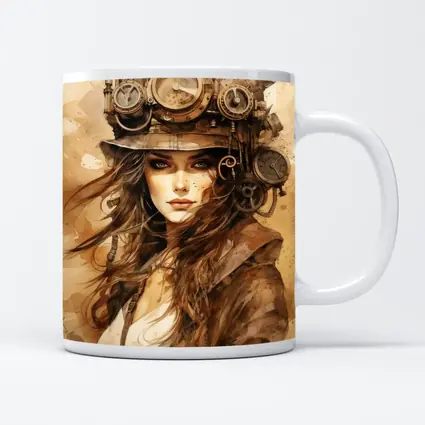 Steampunk Woman Portrait Watercolor Sepia Art