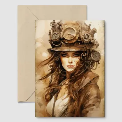 Steampunk Woman Portrait Watercolor Sepia Art