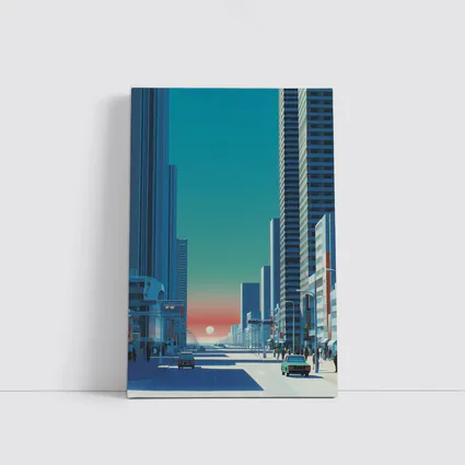 Retro City Street Sunset Blue Skyscraper