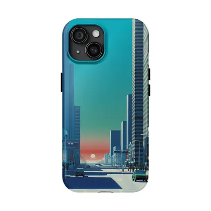 Retro City Street Sunset Blue Skyscraper