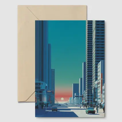 Retro City Street Sunset Blue Skyscraper
