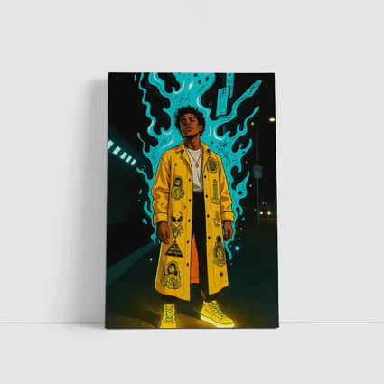 Young Man Yellow Coat Glowing Urban Night