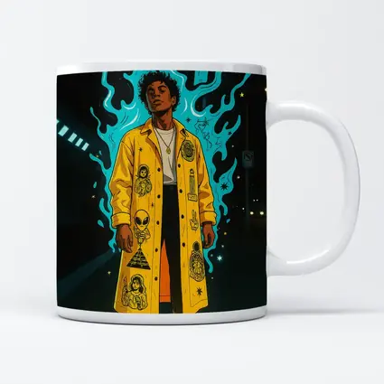 Young Man Yellow Coat Glowing Urban Night