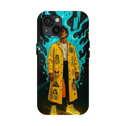 Young Man Yellow Coat Glowing Urban Night