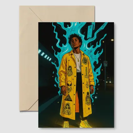Young Man Yellow Coat Glowing Urban Night