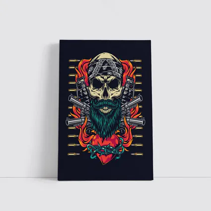 Bearded Skull Guns Flames Dark Background