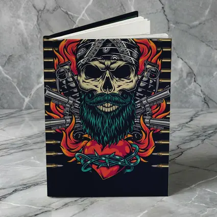Bearded Skull Guns Flames Dark Background