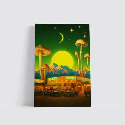 Surreal Mushroom Restaurant Retro Night Scene
