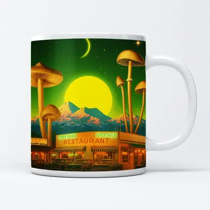 Surreal Mushroom Restaurant Retro Night Scene