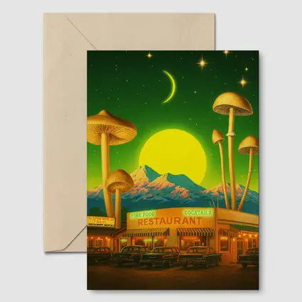 Surreal Mushroom Restaurant Retro Night Scene