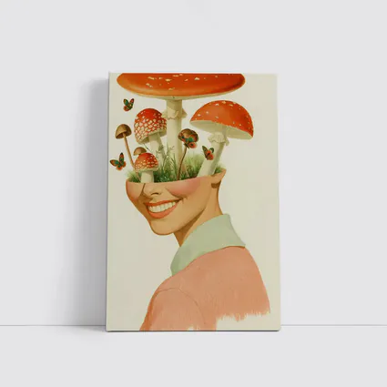 Smiling Woman Mushroom Head Collage Art
