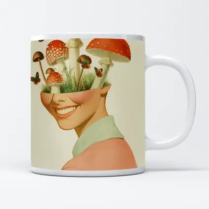 Smiling Woman Mushroom Head Collage Art