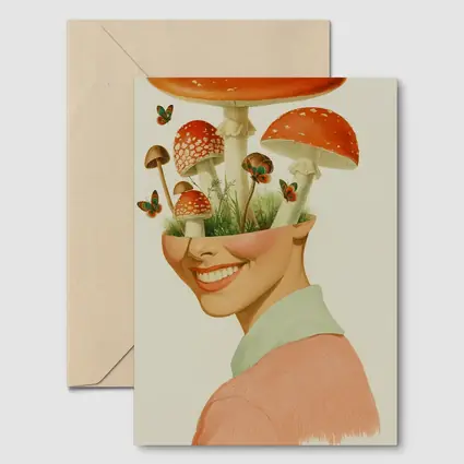 Smiling Woman Mushroom Head Collage Art
