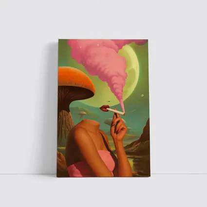 Surreal Woman Smoking Giant Mushroom Planet