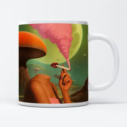 Surreal Woman Smoking Giant Mushroom Planet