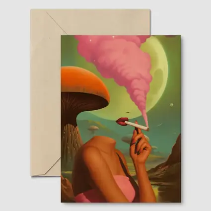 Surreal Woman Smoking Giant Mushroom Planet