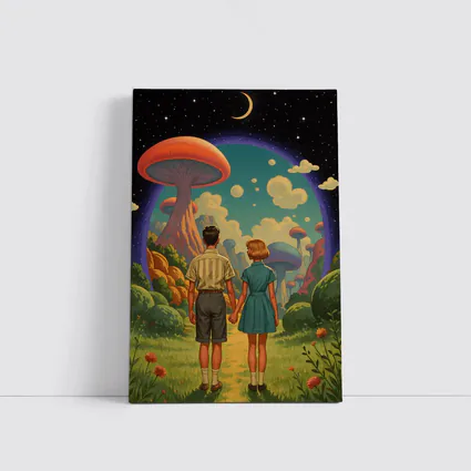 Retro Couple Holding Hands Surreal Mushroom Landscape