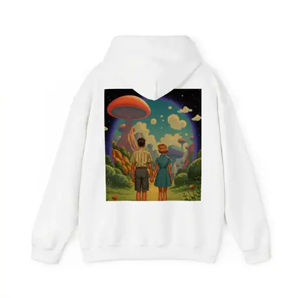 Retro Couple Holding Hands Surreal Mushroom Landscape