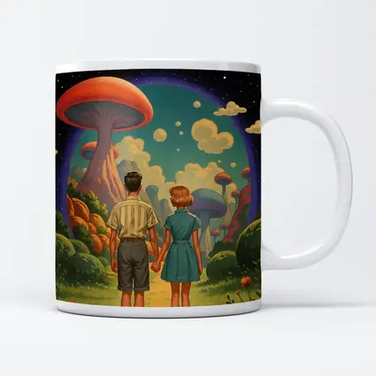 Retro Couple Holding Hands Surreal Mushroom Landscape