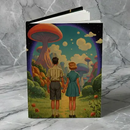 Retro Couple Holding Hands Surreal Mushroom Landscape