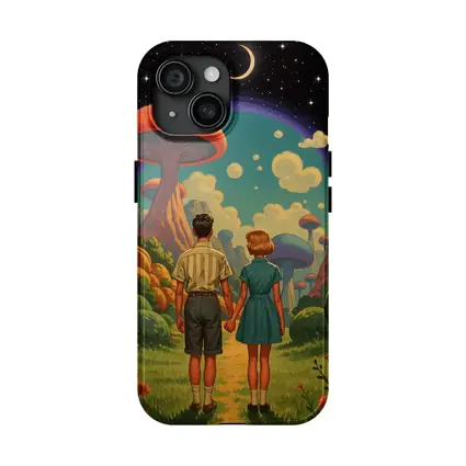 Retro Couple Holding Hands Surreal Mushroom Landscape