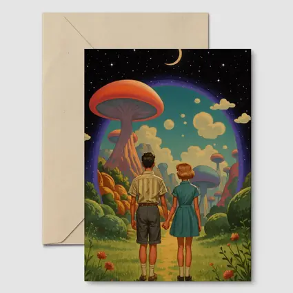 Retro Couple Holding Hands Surreal Mushroom Landscape