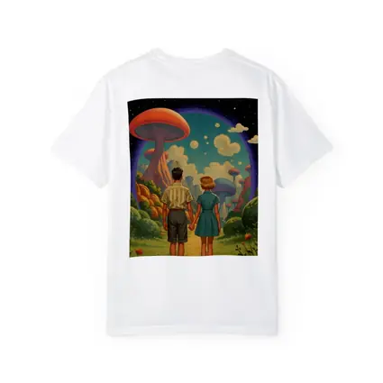 Retro Couple Holding Hands Surreal Mushroom Landscape