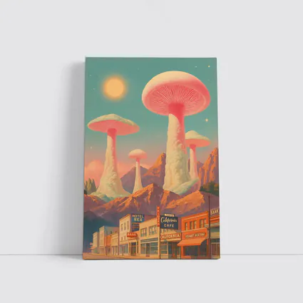 Giant Mushrooms Over Retro California Desert Town