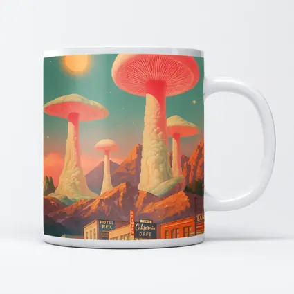Giant Mushrooms Over Retro California Desert Town