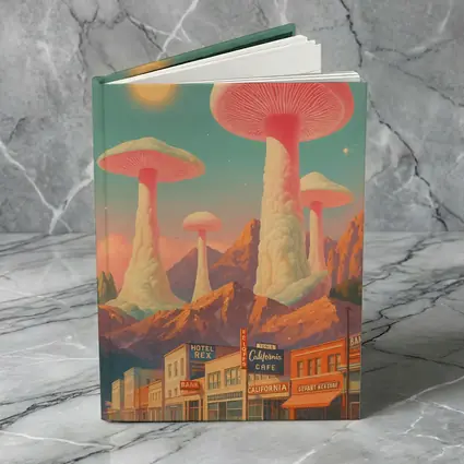 Giant Mushrooms Over Retro California Desert Town