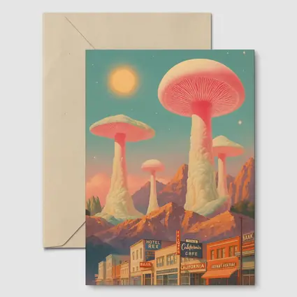 Giant Mushrooms Over Retro California Desert Town