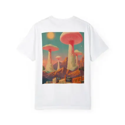 Giant Mushrooms Over Retro California Desert Town