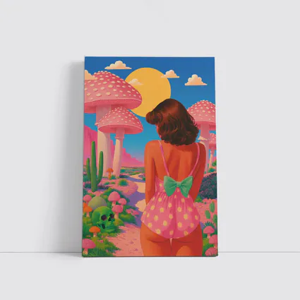Retro Girl Pink Mushroom Fantasy Desert Scene