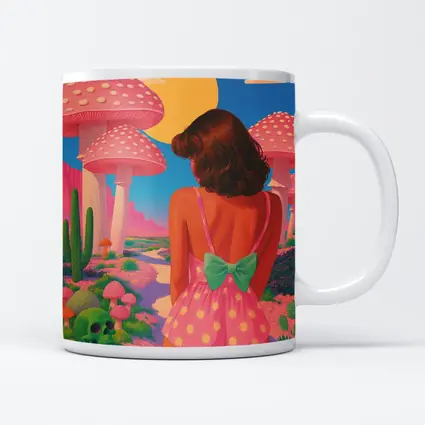 Retro Girl Pink Mushroom Fantasy Desert Scene