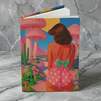 Retro Girl Pink Mushroom Fantasy Desert Scene