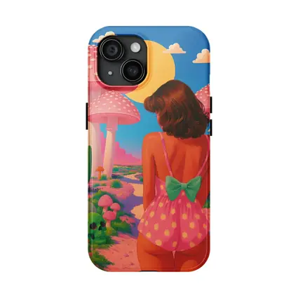 Retro Girl Pink Mushroom Fantasy Desert Scene