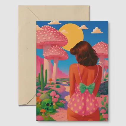 Retro Girl Pink Mushroom Fantasy Desert Scene