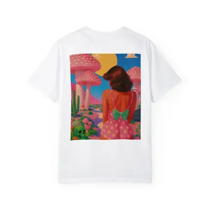 Retro Girl Pink Mushroom Fantasy Desert Scene