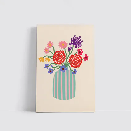 Colorful Bouquet Striped Vase Beige Background