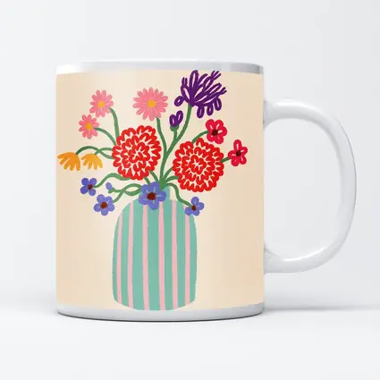 Colorful Bouquet Striped Vase Beige Background