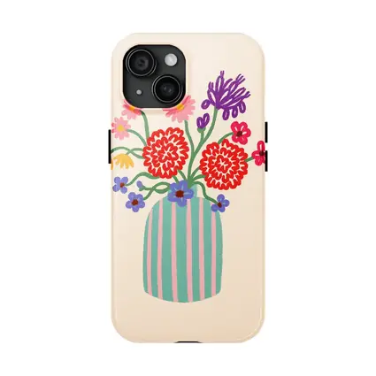 Colorful Bouquet Striped Vase Beige Background
