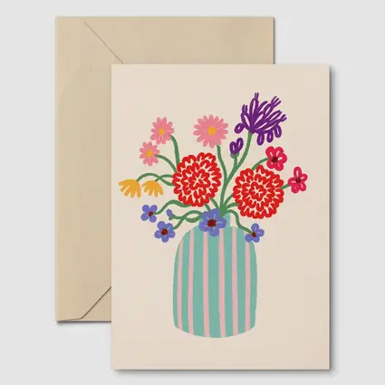 Colorful Bouquet Striped Vase Beige Background