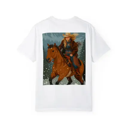 Cowgirl Riding Horse Snowy Winter Forest