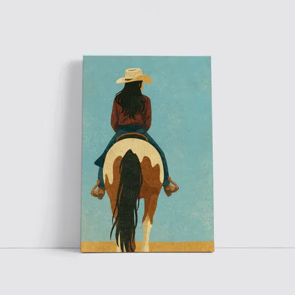 Cowgirl Riding Paint Horse Teal Background