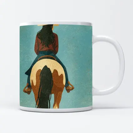 Cowgirl Riding Paint Horse Teal Background