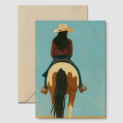 Cowgirl Riding Paint Horse Teal Background