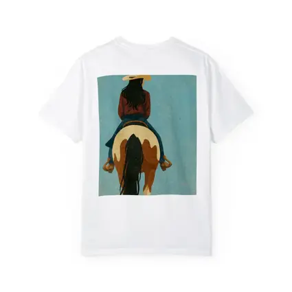 Cowgirl Riding Paint Horse Teal Background