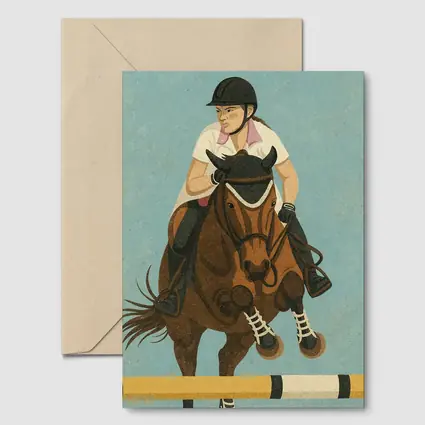 Equestrian Rider Jumping Horse Blue Background